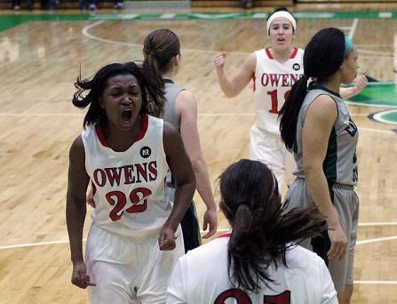 Karahn Scott screams in excitement after Mackenzie Heacock (nearest) hit a driving lay-up. She was fouled on the play, and helped the Express go up 59-57 after being down 53-44. Photo by Nicholas Huenefeld/Owens Sports Information