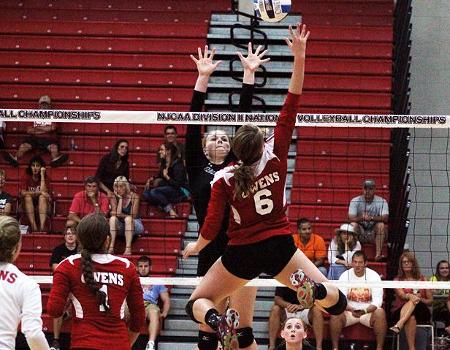 Stephanie Kipp floats for a kill shot attempt against No. 17 Hagerstown Community College tonight. The freshman totaled nine kills in the match and 19 overall today. Photo by Nicholas Huenefeld/Owens Sports Information