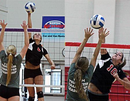Erika Hartings (left) and Macy Reigelsperger (right) had nice days today as the Owens volleyball team improved to 3-1. Photos by Nicholas Huenefeld/Owens Sports Information
